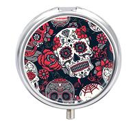 Pastillero con diseño de calavera rosa roja con 2 compartimentos, organizador de pastillas de viaje