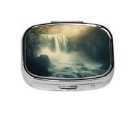 Pastillero con diseño de cascadas y niebla en un mundo de fantasía, organizador cuadrado portátil con compartimentos para medicamentos, vitaminas y suplementos, diseño de metal duradero.