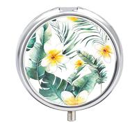 Pastillero con diseño de flores y hojas de palma, 2 compartimentos, portátil, organizador de pastillas de viaje