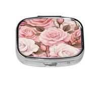 Pastillero con diseño de flores y rosas rosadas, pastillero de viaje, organizador de pastillas cuadrado pequeño para bolso y regalos de bolsillo