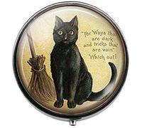 Pastillero con diseño de gato negro con escoba, diseño de gatito bruja, pastillero de cristal