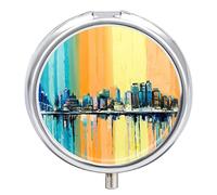 Pastillero con diseño de paisaje urbano arcoíris con 2 compartimentos, organizador de pastillas de viaje