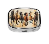 Pastillero con diseño vintage de caballos corriendo en acuarela occidental, organizador de pastillas de viaje, caja de medicina cuadrada pequeña para bolso y regalos de bolsillo