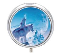 Pastillero Con Espejo Aullido De Lobo A La Luz De La Luna Pastillero 3 Rejillas Portátil Redondo A De Humedad Distribuidor De Metal Caja De Almacenamiento Regalo Único