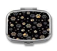 Pastillero Con Espejo Black Gold Dog Paw Print And Star Pastillero Con 2 Compartimentos, Dispensador De Metal Cuadrado Portátil A De Humedad, Caja De Almacenamiento