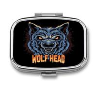 Pastillero Con Espejo Cabeza De Lobo Azul Pastillero Con 2 Compartimentos, Dispensador De Metal Cuadrado Portátil A De Humedad, Caja De Almacenamiento
