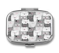 Pastillero Con Espejo Funny Grey Cats Cute Pastillero Con 2 Compartimentos, Dispensador De Metal Cuadrado Portátil A De Humedad, Caja De Almacenamiento