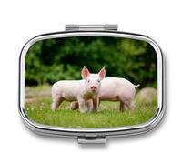 Pastillero Con Espejo Lindo Animal Cerdo Pastillero Con 2 Compartimentos, Dispensador De Metal Cuadrado Portátil A De Humedad, Caja De Almacenamiento
