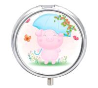 Pastillero Con Espejo Lindo Cerdo Con Mariposa Y Paraguas Pastillero 3 Rejillas Portátil Redondo A De Humedad Distribuidor De Metal Caja De Almacenamiento Regalo Único