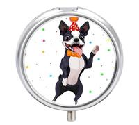 Pastillero Con Espejo Lindo Perro Boston Terrier Pastillero 3 Rejillas Portátil Redondo A De Humedad Distribuidor De Metal Caja De Almacenamiento Regalo Único