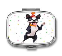 Pastillero Con Espejo Lindo Perro Boston Terrier Pastillero Con 2 Compartimentos, Dispensador De Metal Cuadrado Portátil A De Humedad, Caja De Almacenamiento