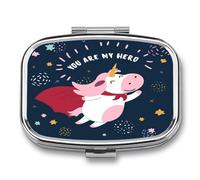 Pastillero Con Espejo Lindo Unicornio De Dibujos Animados Pastillero Con 2 Compartimentos, Dispensador De Metal Cuadrado Portátil A De Humedad, Caja De Almacenamiento