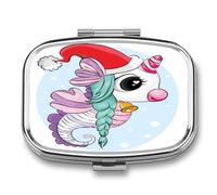 Pastillero Con Espejo Lindo Unicornio De Dibujos Animados Pastillero Con 2 Compartimentos, Dispensador De Metal Cuadrado Portátil A De Humedad, Caja De Almacenamiento
