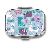 Pastillero Con Espejo Sloth Alpaca Flamingo Pastillero Con 2 Compartimentos, Dispensador De Metal Cuadrado Portátil A De Humedad, Caja De Almacenamiento