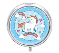 Pastillero Con Espejo Unicornio Arcoiris Azul Pastillero 3 Rejillas Portátil Redondo A De Humedad Distribuidor De Metal Caja De Almacenamiento Regalo Único