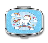 Pastillero Con Espejo Unicornio Arcoiris Azul Pastillero Con 2 Compartimentos, Dispensador De Metal Cuadrado Portátil A De Humedad, Caja De Almacenamiento