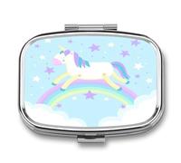 Pastillero Con Espejo Unicornio Azul De Dibujos Animados Pastillero Con 2 Compartimentos, Dispensador De Metal Cuadrado Portátil A De Humedad, Caja De Almacenamiento