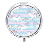 Pastillero Con Espejo Unicornio De Dibujos Animados Rojo Y Azul Con Arcoíris Pastillero 3 Rejillas Portátil Redondo A De Humedad Distribuidor De Metal Caja De Almacenamiento Regalo Único