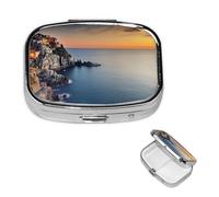 Pastillero con espejo y 2 compartimentos decorativos para bolso o bolsillo, organizador de pastillas cuadrado pequeño, organizador semanal de metal, medicina, tableta, vitaminas, regalo de viaje