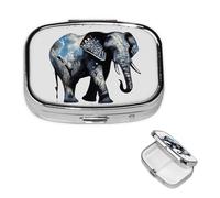 Pastillero con espejo y 2 compartimentos, diseño de elefante, color azul y negro, pastillero decorativo para bolso o bolsillo, organizador de píldoras cuadrado pequeño, organizador semanal de metal