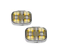 Pastillero con estampado a cuadros amarillo, gris y negro, con 2 compartimentos, portátil para bolsillo o bolso.