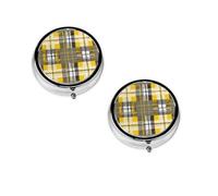 Pastillero con estampado a cuadros amarillo, gris y negro, organizador redondo, estuche pequeño de 3 compartimentos para bolso y bolsillo, caja de medicamentos portátil para viajes.