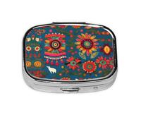 Pastillero con estampado bohemio de arte popular mexicano, 2 compartimentos grandes a prueba de humedad, organizador portátil para viajes