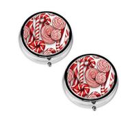 Pastillero con estampado de bastones de caramelo, 3 compartimentos, portátil, para bolsillo o bolso, organizador de píldoras decorativo de metal, organizador de vitaminas, regalo único