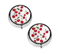 Pastillero con estampado de cerezas rojas, 3 compartimentos, portátil, para bolsillo o bolso, organizador de píldoras decorativo de metal, organizador de vitaminas, regalo único