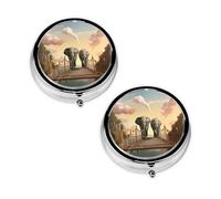 Pastillero con estampado de elefante en un puente con 3 compartimentos, portátil para bolsillo o bolso, organizador de píldoras decorativo de metal, organizador de vitaminas, regalo único