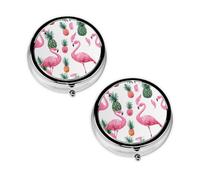 Pastillero con estampado de flamencos y piñas, 3 compartimentos, portátil, para bolsillo o bolso, organizador de píldoras decorativo de metal, organizador de vitaminas, regalo único