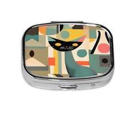 Pastillero con estampado de gato moderno de mediados de siglo, 2 compartimentos grandes a prueba de humedad, organizador portátil para viajes
