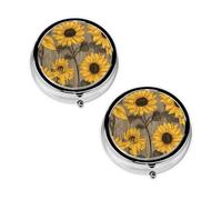 Pastillero con estampado de girasol, 3 compartimentos, portátil, para bolsillo o bolso, organizador de píldoras decorativo de metal, organizador de vitaminas, regalo único