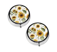 Pastillero con estampado de girasol fresco con 3 compartimentos, portátil para bolsillo o bolso, organizador de píldoras decorativo de metal, organizador de vitaminas, regalo único