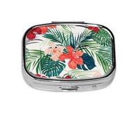 Pastillero con estampado de hojas de vegetación con flores de hibisco, bonito organizador de píldoras, mini caja de almacenamiento de medicamentos, contenedor de pastillas para bolsillo o viaje