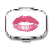 Pastillero con estampado de labios rosados, 2 compartimentos, portátil, organizador de píldoras de viaje para bolso de bolsillo