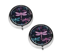 Pastillero con estampado de libélula morada con 3 compartimentos, portátil para bolsillo o bolso, organizador de píldoras decorativo de metal, organizador de vitaminas, regalo único