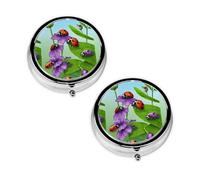 Pastillero con estampado de mariquita y hojas verdes, pastillero de 3 compartimentos, portátil para bolsillo o bolso, organizador de píldoras decorativo de metal, organizador de vitaminas, regalo