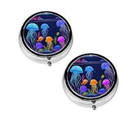 Pastillero con estampado de medusas de colores con 3 compartimentos, portátil para bolsillo o bolso, organizador de píldoras decorativo de metal, organizador de vitaminas, regalo único