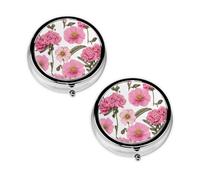 Pastillero con estampado de peonías de jardín, 3 compartimentos, portátil, para bolsillo o bolso, organizador de píldoras decorativo de metal, organizador de vitaminas, regalo único