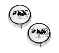 Pastillero con estampado de vaca en blanco y negro con 3 compartimentos, portátil para bolsillo o bolso, organizador de píldoras decorativo de metal, organizador de vitaminas, regalo único