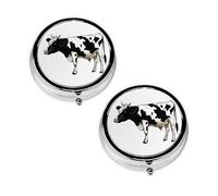 Pastillero con estampado de vaca en blanco y negro con 3 compartimentos, portátil para bolsillo o bolso, organizador de píldoras decorativo de metal, organizador de vitaminas, regalo único