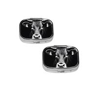 Pastillero con estampado de vaca en blanco y negro, con dos compartimentos, portátil para el bolsillo o el bolso.