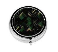 Pastillero con estampado geométrico negro, verde y dorado, mini pastillero redondo, pastillero portátil, organizador de medicamentos de viaje