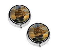 Pastillero con impresión de barco pirata de fantasía, pastillero de 3 compartimentos, portátil para bolsillo o bolso, organizador de píldoras decorativo de metal, organizador de vitaminas, regalo