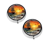 Pastillero con impresión de barco pirata en la puesta de sol, pastillero de 3 compartimentos, portátil para bolsillo o bolso, organizador de píldoras decorativo de metal, organizador de vitaminas