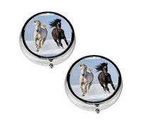 Pastillero con impresión de caballos blancos y negros con 3 compartimentos, portátil para bolsillo o bolso, organizador de píldoras decorativo de metal, organizador de vitaminas, regalo único