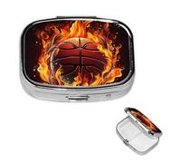 Pastillero con logotipo de baloncesto con llamas con espejo, 2 compartimentos, decorativo, para bolso o bolsillo, organizador de píldoras cuadrado pequeño, organizador semanal de metal, medicina