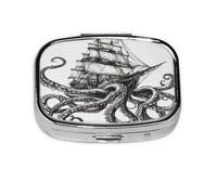 Pastillero con patrón de barco marino y pulpo, pastillero de viaje, organizador de píldoras cuadrado pequeño para bolso y regalos de bolsillo