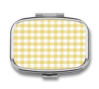 Pastillero con patrón de cuadros amarillo pastel y blanco con 2 compartimentos, organizador de pastillas de viaje para bolso de bolsillo